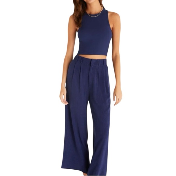 Z Supply Pants - Z Supply NWT Navy High-Rise Wide Leg Pants Linen Blend Large Coastal Chic